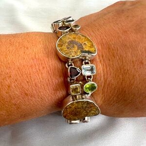 Sterling ammonite bracelet with garnet peridot amethyst citrine blue topaz